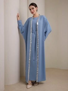 Graceveil 女士阿拉伯两件套 - 蝙蝠袖撞色亮片装饰背心直筒连衣裙和端庄长袍