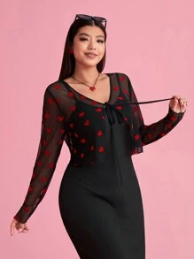 Solflare Plus Size Women's Valentine's Day Heart Net Mesh See-Through Cardigan Top, Spring Summer