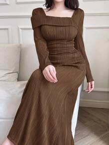 Feyla Women's Solid Color Square Neck Long Sleeve Textured Simple Arabic Style Dress Long Evening Dresses - Coffee Brown - View 6