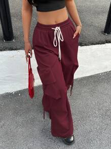 Flirla Plus Size Cargo Style Elastic Waist Baggy Pants, Plus Size