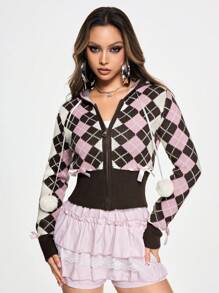 ROMWE Kawaii Y2K Himekaji Argyle Pattern Bowknot Front Cardigan For Women - Brown - View 8