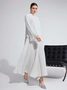 Modelyn Women's Elegant Solid Pleated Flared Sleeve Dress - White - View 5