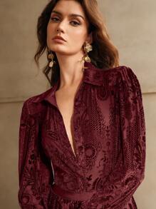 Anewsta Turndown Collar Long Sleeve Velvet Print Elegant Blouse