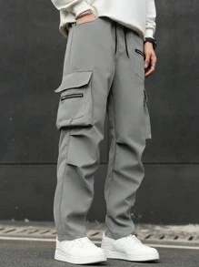 Manfinity Homme Plus Size Men's Casual Solid Color Cargo Pants - Light Grey - View 5