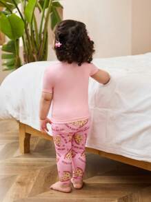 SHEIN 2 pièces/set vêtements d'intérieur confortables pour bébé fille, avec imprimé d'éléments de pizza rose, comprenant un legging à manches courtes - Rose bonbon - Voir 2
