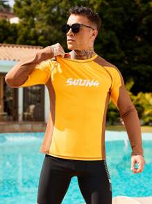 Manfinity Swimmode 男士冲浪印花长袖 T 恤，休闲简约日常穿着 - 黃色 - 查看 6