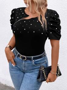 SHEIN Clasi Camiseta casual elegante con cremallera y adorno de rhinestones para mujer de talla grande