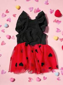 PETSIN 1pc Cute Heart Print & Mesh Contrast Dog Dress, Black With Red Heart, Suitable For Pet Valentine's Day