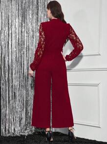 SHEIN Clasi Women's Solid Color Lace Patchwork Long Sleeve Tie Front Casual Red Jumpsuit - Burgundy - View 3