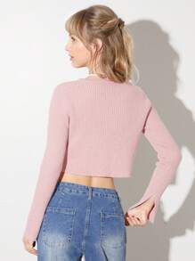 SHEIN EZwear 女士纯色前系带镂空性感修身长袖短款开衫，秋季 - 粉色 - 查看 2