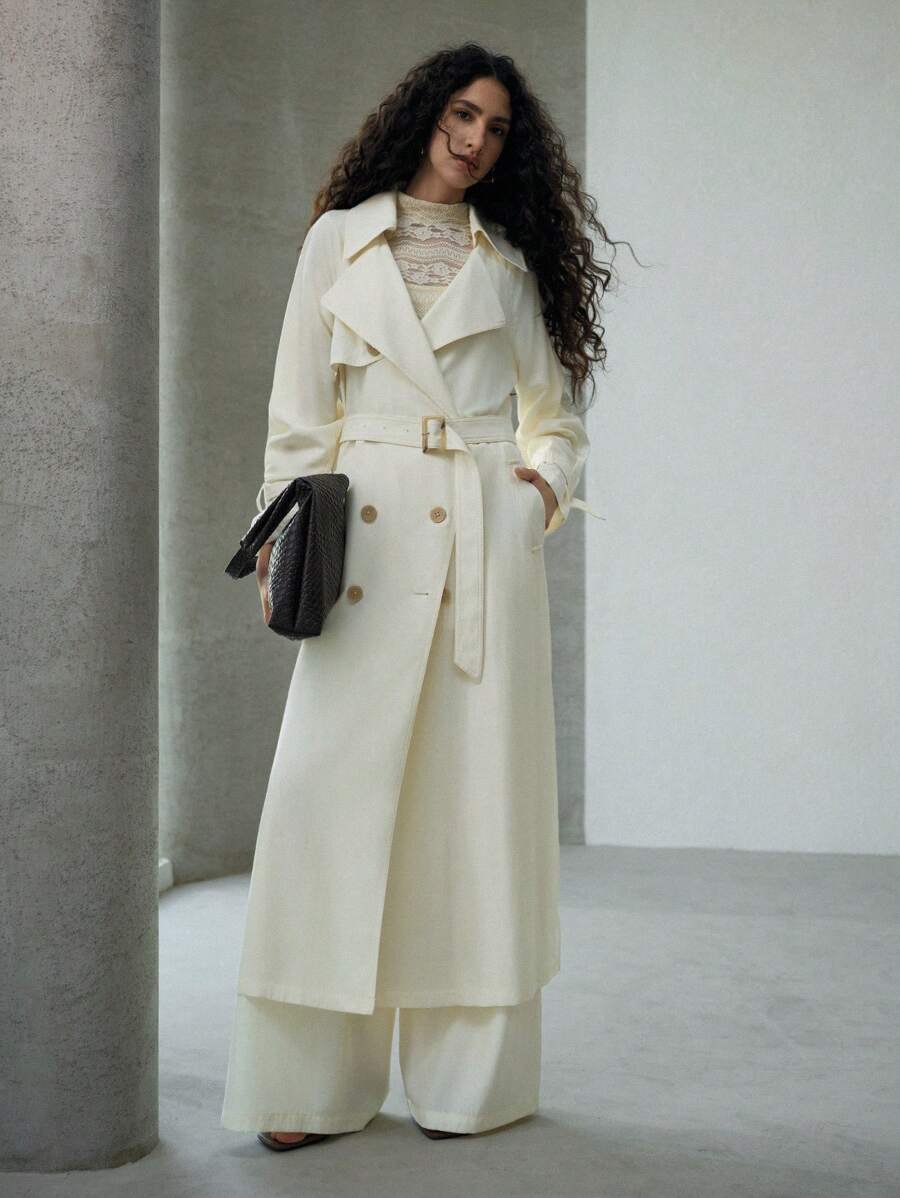 MOTF PREMIUM 双排扣系腰带风衣 - 杏色 - 查看 1