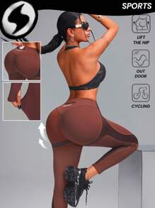 Innovista Buttery Soft Workout Sports Leggings Mixed Texture High Waisted V Waisted Butt Lifting Daily Athleisure Yoga HIIT Training Office To Gym High Stretch Tights Activewear Bottoms Fall Clothes Pocket Trousers Comfort Movement Functional Squat Proof Figure-Flattering Pants Cardio Outdoor Exercise UV Protection Sweat-Proof Healthy TT Viral IG Reel FYP INSTA OOTD Festival Fall New Style Women Contour Fit, Utilitarian Chic - Coffee Brown - View 2