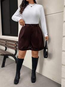 SHEIN Frenchy Plus Size Casual Biker Style PU Shorts - Red - View 6