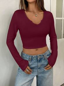 INAWLY Women Casual Solid Color Notched Neck Crop T-Shirt, Autumn