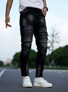 Manfinity LEGND Men's Front Button Pocket Distressed Simple Jeans, Casual Daily Wear - Black - View 1