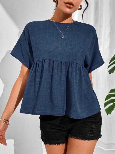 SHEIN Essnce Women's Solid Color Round Neck Short Sleeve Pleated Minimalist Top, Casual Daily Wear