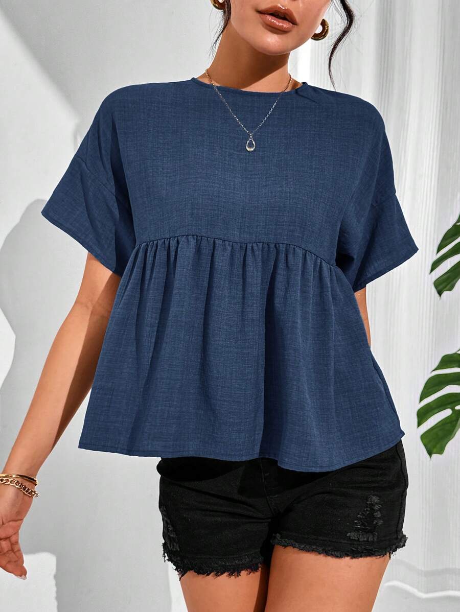 SHEIN Essnce Áo thun nữ cổ tròn tay ngắn xếp ly màu trơn tối giản, mặc thường ngày - Màu xanh hải quân - Xem 1