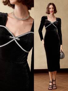 MOTF PREMIUM 天鹅绒心形领口水钻细节羊角袖修身中长连衣裙女装 - 黑色 - 查看 2