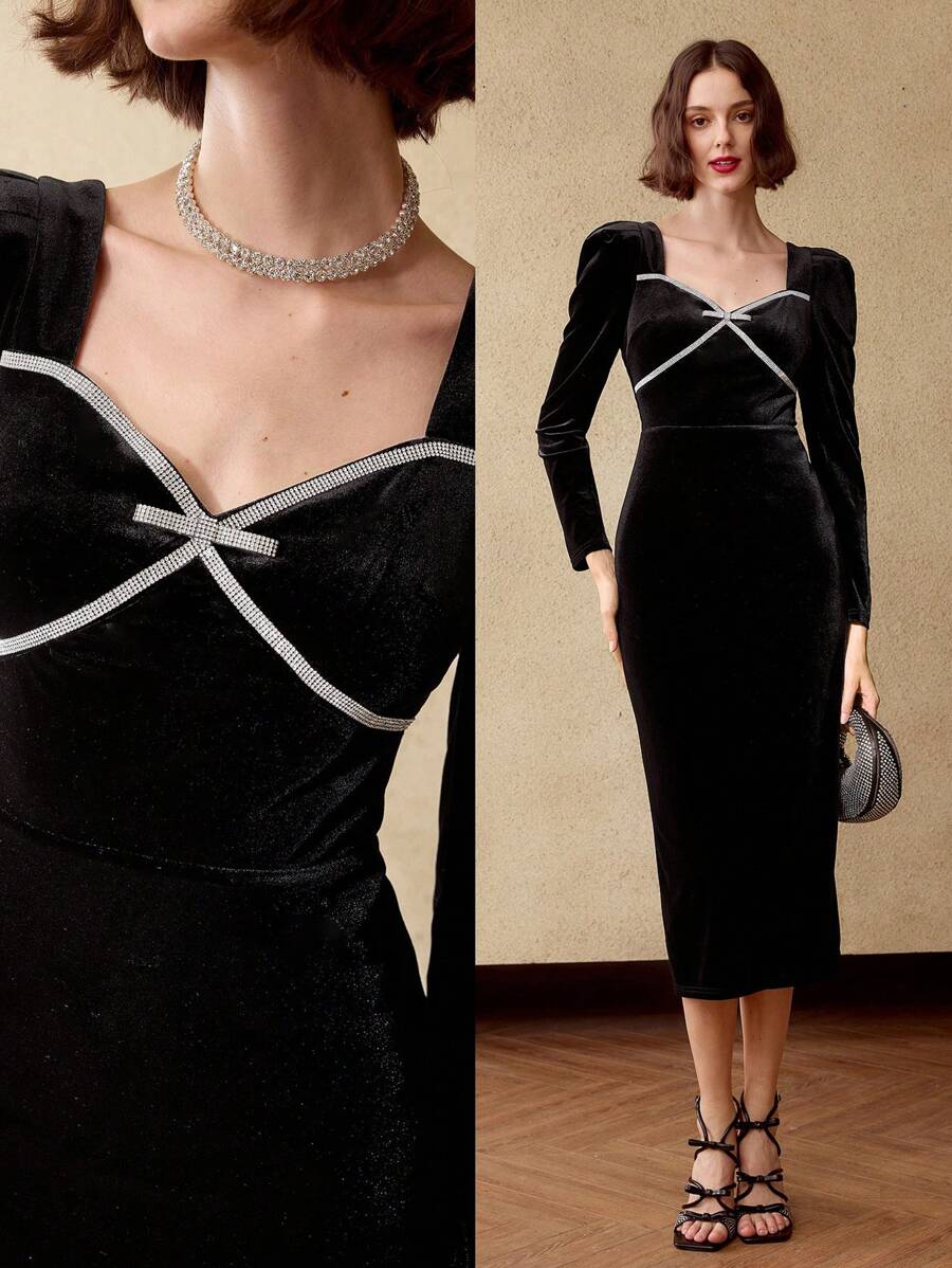 MOTF PREMIUM 天鹅绒心形领口水钻细节羊角袖修身中长连衣裙女装