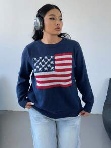 POPSWAY Plus Size Round Neck Long Sleeve Minimalist Graphic Detail Casual Top, Daily Wear