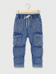 Older Boys Street Style Casual Basic Four-Season Utility Pants With Elastic Waist, Distressed Washed Comfortable Denim Jeans, Essential Item For 2025 - Medium Wash - View 7