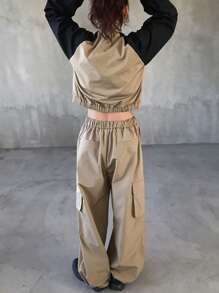 FRIFUL 2pcs Women's Solid Color Patchwork Front Zipper Long Sleeve Minimalist Top And Pants Set - Khaki - View 5