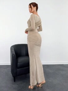 Aloruh 女士闪亮百褶裹身卡其色和金色紧身美人鱼连衣裙，适合派对/晚礼服