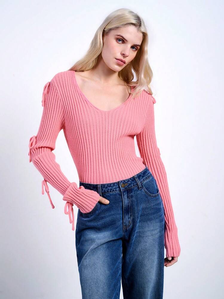 SHEIN Maija Women's Pink V-Neck Bowknot Decorative Slim Fit Fashionable Versatile Daily Casual Party Sweater Top, Early Spring Festival