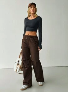 Hanevo Damen Hose mit elastischem Bund, weites gerades Bein, plissiert, Lässig, Herbst/Winter