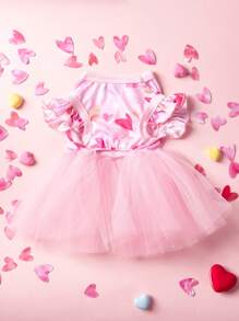 PETSIN 1pc Pink Heart Print Peplum Tulle Bow Decor Cute Princess Dog Dress, Fits Most Pets, Valentines Day' - Multicolor - View 6