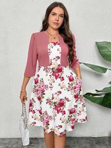 SHEIN Clasi Vestido con bolsillo con estampado floral blanco y rosa parche, tallas grandes, elegante vestido de Día de San Valentín, vestidos elegantes, vestidos románticos, vestidos de verano para mujer, vestidos de primavera para mujer, vestido de playa, vestido de vacaciones, estilo bohemio