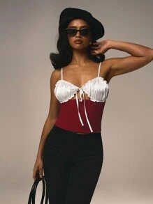 Athîral Women's Fashion Elegant Contrast Splice Lace-Up Spaghetti Strap - Burgundy - View 2