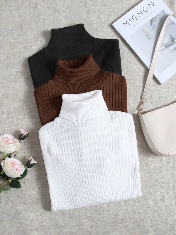 SHEIN LUNE Women Solid Color Turtleneck Long Sleeve Casual Sweater,3pcs