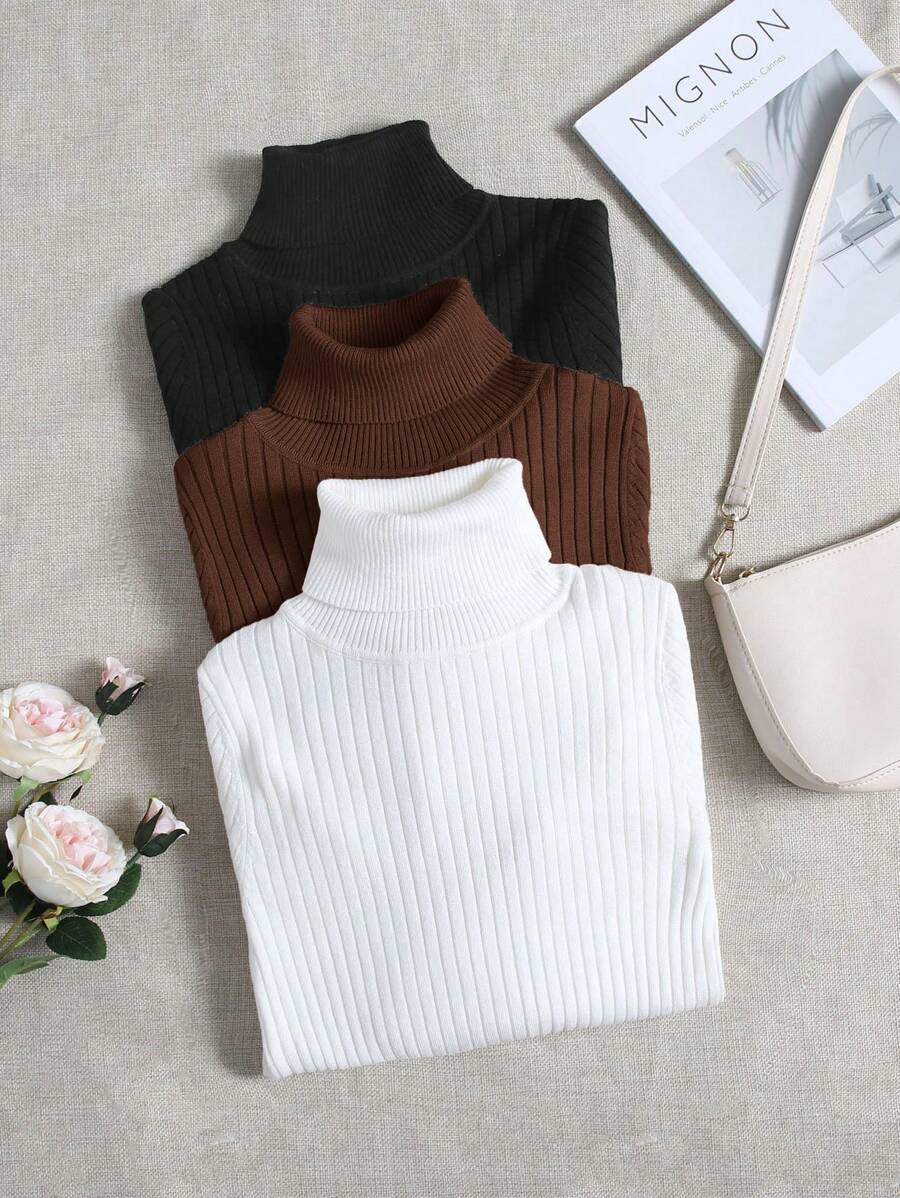 SHEIN LUNE Women Solid Color Turtleneck Long Sleeve Casual Sweater,3pcs In Fall/Winter - Coffee Brown - View 1