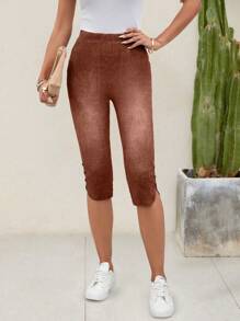 EMERY ROSE Denim Effect Printed Elastic Waist Button Detail Slit Hem Capri Leggings Summer - Redwood - View 6
