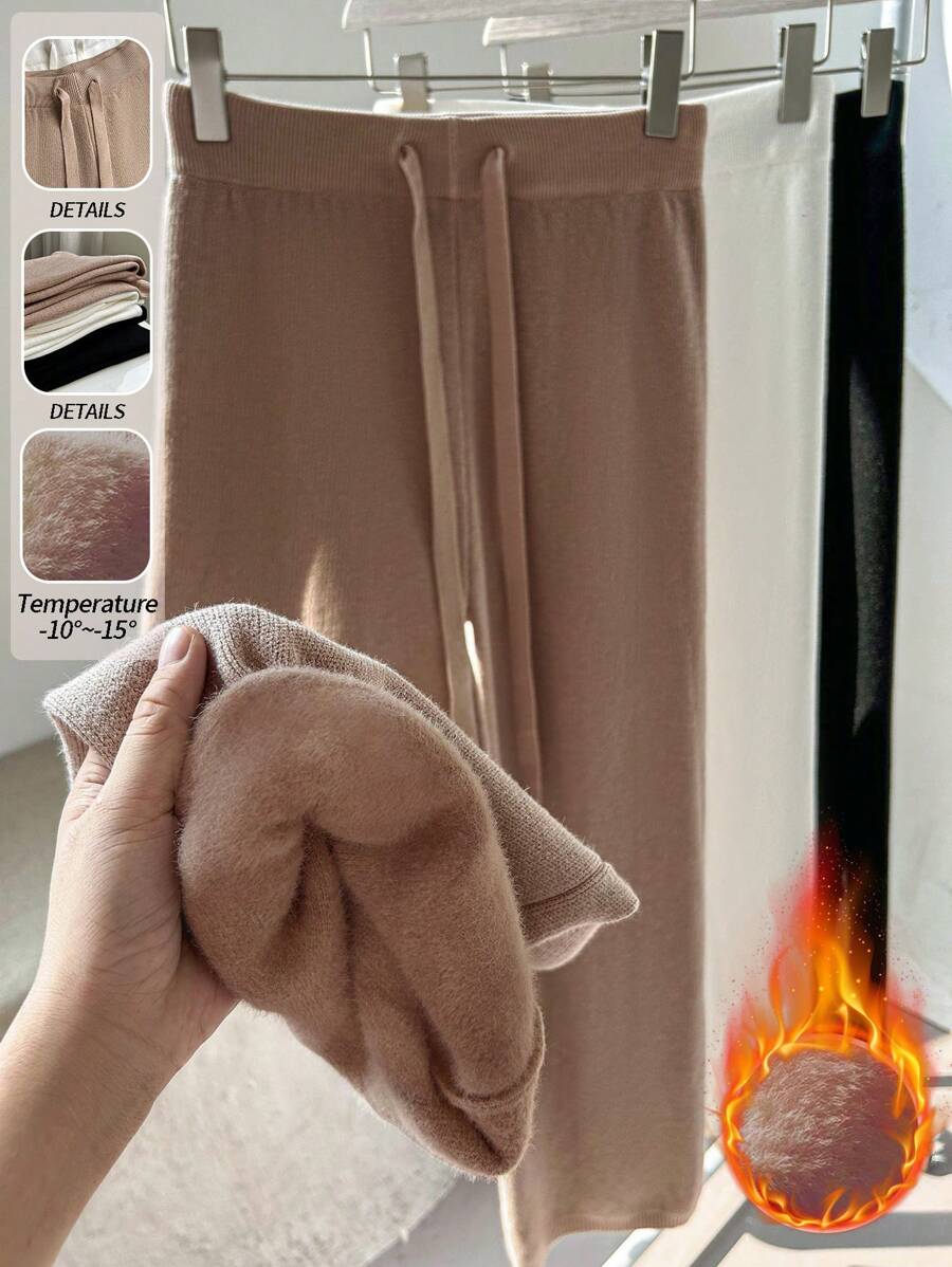 Franclia New Women High Waist Drawstring Loose Straight Leg Thick Pants, Knit Thermal Lined, Casual Style