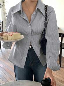 DAZY Damen gestreiftes Hemd mit Kragen und taillierter Passform, Business Lässig, Schwarz, Frühling/Sommer, Herbst Langarm-Oberteil - Schwarz - Übersicht 5