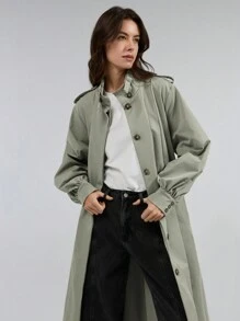 Ontre 2025 New Women Solid Color Front Button Long Sleeve Simple Casual Trench Coat, Commuter Coat, Spring, Retro - Khaki - View 5