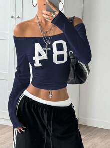 StreetHx 女式露肩大字母印花修身长袖 T 恤，秋季 - 藏蓝色 - 查看 5