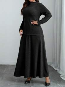 Flirla Plus Size Minimalist Commuter Solid Stand Collar Asymmetric Top And Voluminous Skirt 2 Pieces Set, Autumn/Winter - Black - View 5