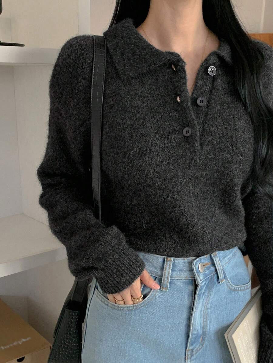 DAZY 女士纯色休闲针织毛衣，时尚日常穿着秋冬 - 深灰色 - 查看 1