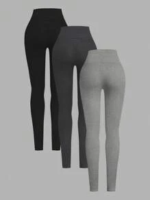 SHEIN EZwear 3 件装女士纯色保暖内衬紧身裤，秋冬款