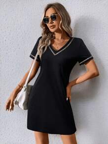 SHEIN LUNE V-Neck Leopard Print Splice Straight Mini Dress, Short Sleeve, Spring/Summer,Casual - Black - View 6