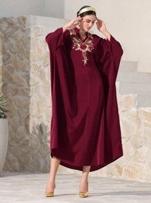 Al Najma Women's Butterfly Embroidery Batwing Sleeve Turkish & Arabic Traditional Long Red Dress