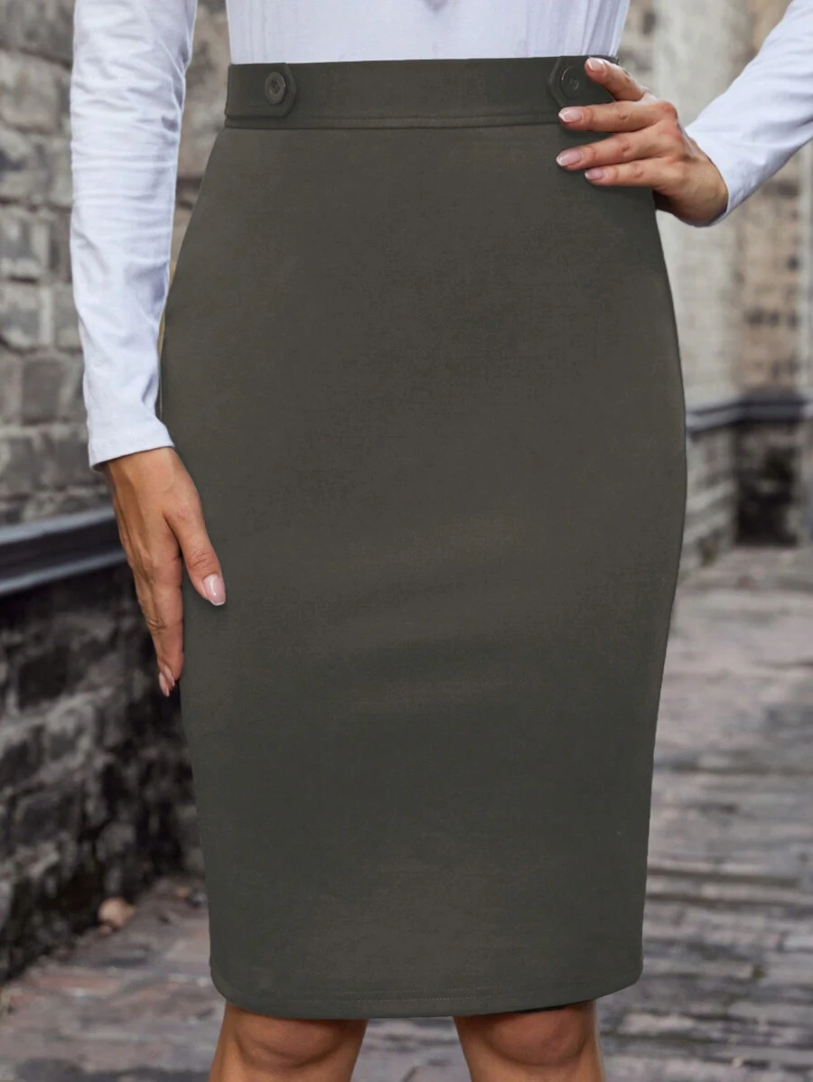 EMERY ROSE Falda minimalista de línea A con decoración de botones de unicolor para mujer, para uso diario casual - Gris - Ver 1