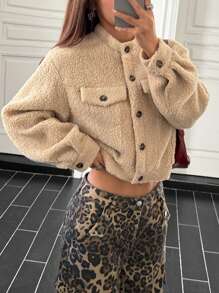 SHEIN EZwear 女士纯色前扣开合长袖口袋简约休闲夹克，日常穿着