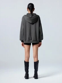 LYSMO Women Star Print Zip-Up Dropped Shoulder Long Sleeve Hoodie Sweatshirt, Autumn,Long Sleeve Tops - Dark Grey - View 2