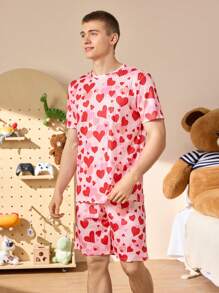 Men's Round Neck Short Sleeve Allover Print Casual Top And Shorts Pajama Set - Multicolor - View 6
