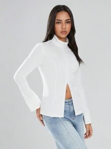 SHEIN Unity 1 件女式休闲高领长款修身拉链衬衫，白色，冬季