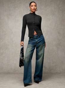 SHEIN BAE 女式纯色前扣长袖衬衫，休闲日常穿着